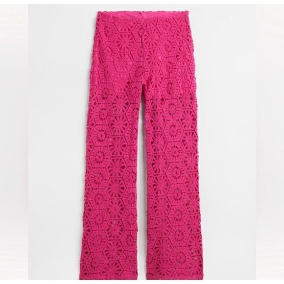 H&M straight leg crocheted hot pink pants size L - Picture 1 of 16